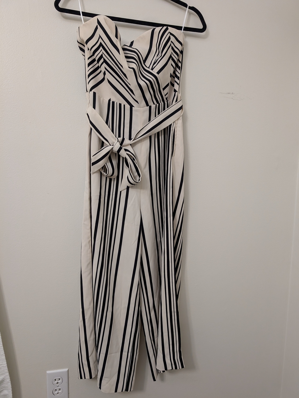 H&M Striped Ivory & Black Strapless Jumpsuit with Waist Tie
